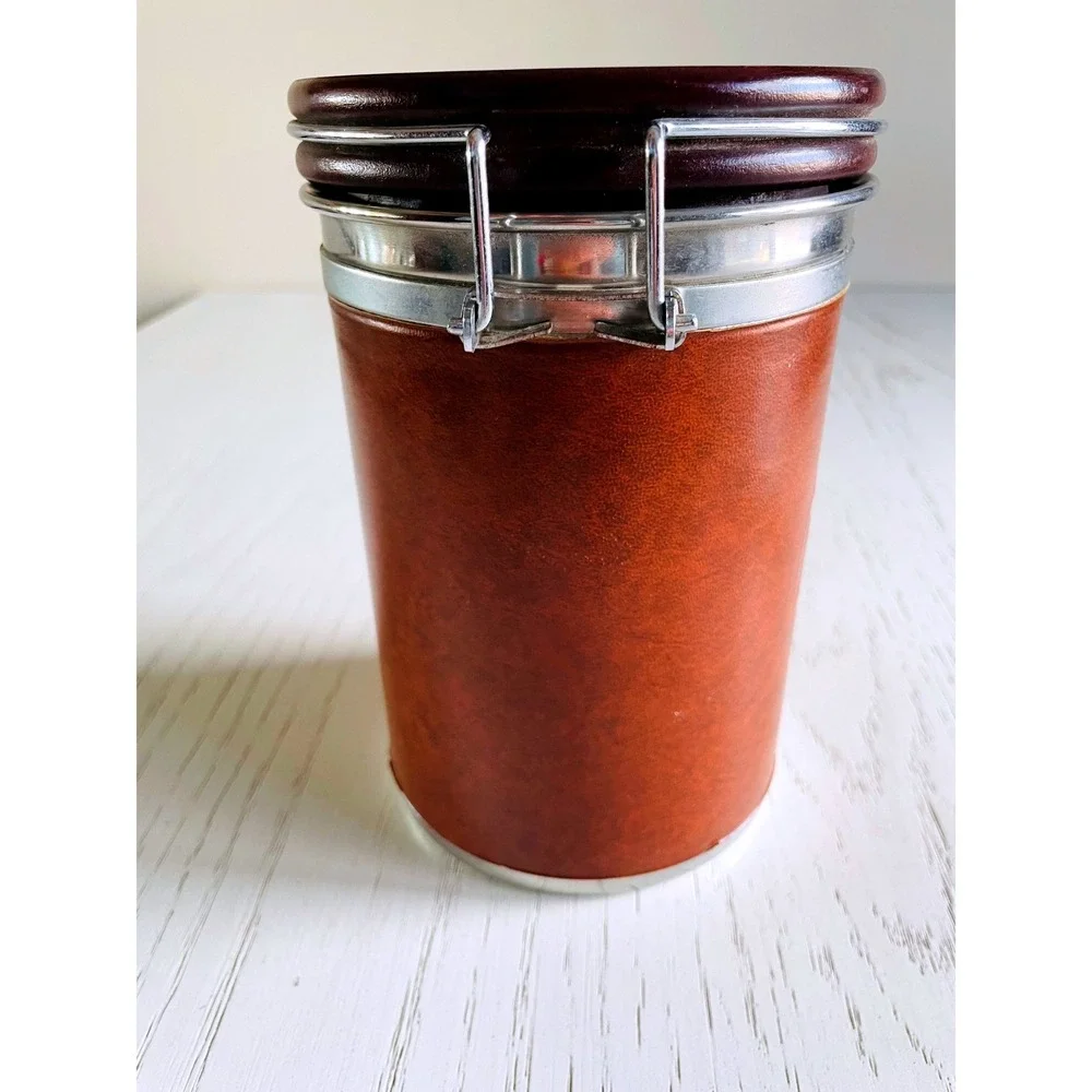1997 Don Diego Embossed Faux Leather Coffee Canister Wooden Lid Airtight Storage
